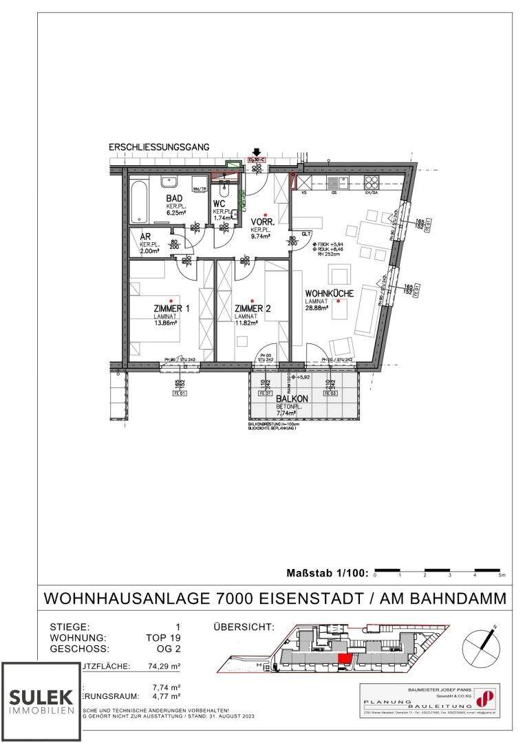 Grundriss einer Obergeschosswohnung mit einem Schlafzimmer, Wohnküche und Balkon.