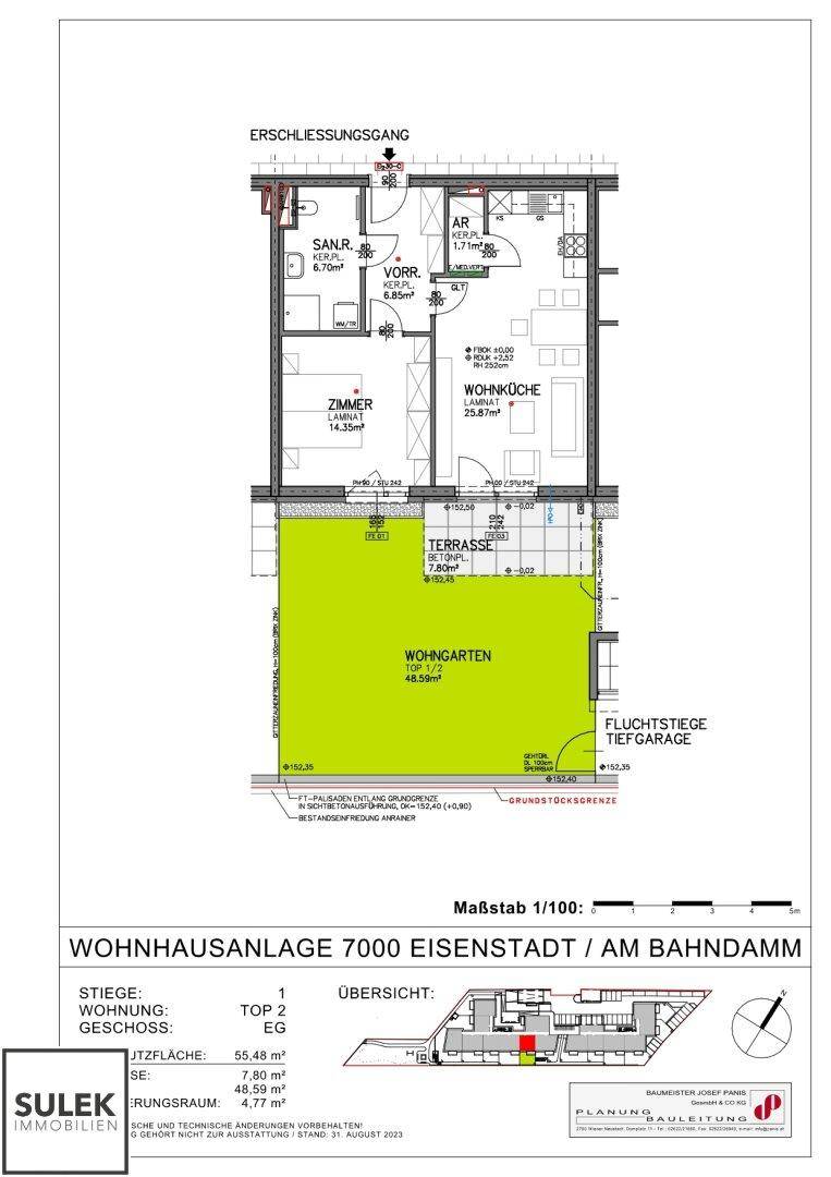 Grundriss einer Erdgeschosswohnung mit zwei Zimmern, Wohnküche, Terrasse und großem Wohngarten.