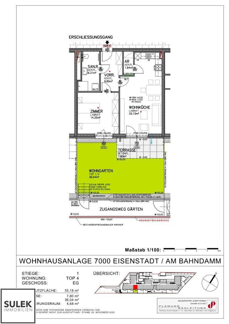 Grundriss einer Erdgeschosswohnung mit einem Schlafzimmer, Wohnküche, Terrasse und Wohngarten.