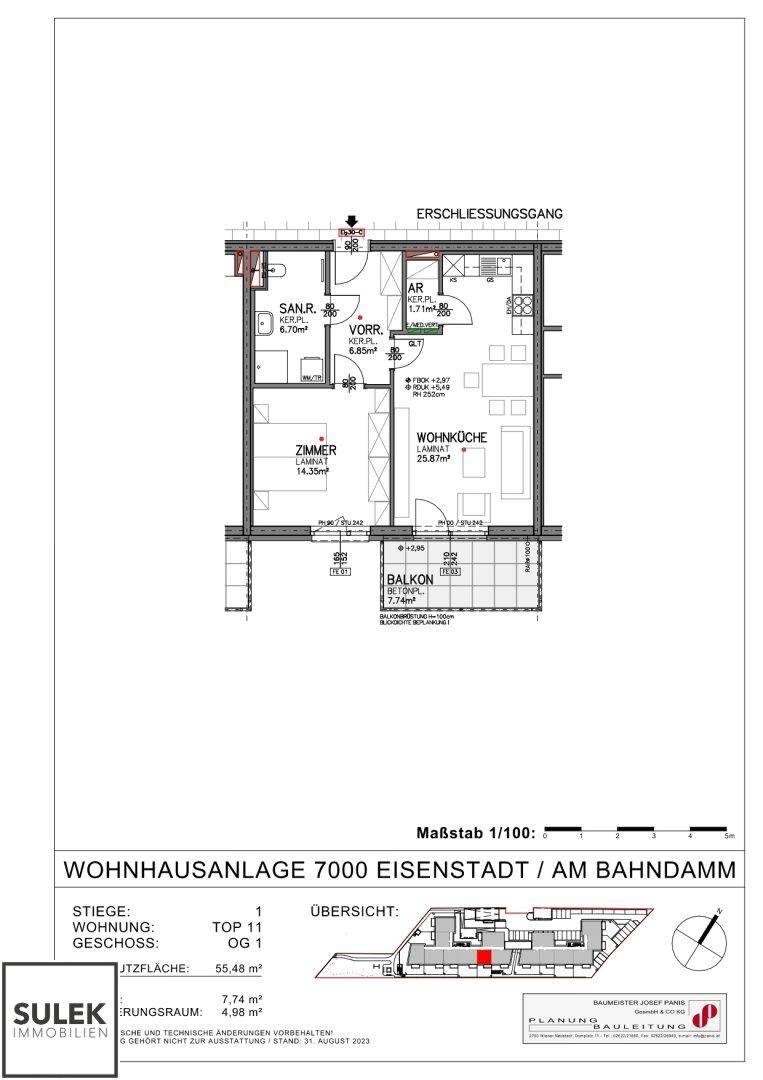 Grundriss einer Obergeschosswohnung mit einem Schlafzimmer, Wohnküche und Balkon.