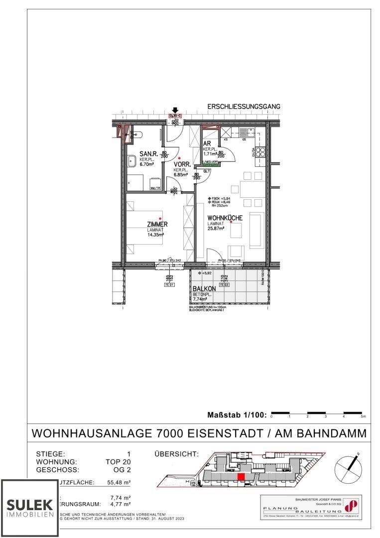 Grundriss einer Obergeschosswohnung mit zwei Schlafzimmern, Wohnküche und Balkon.
