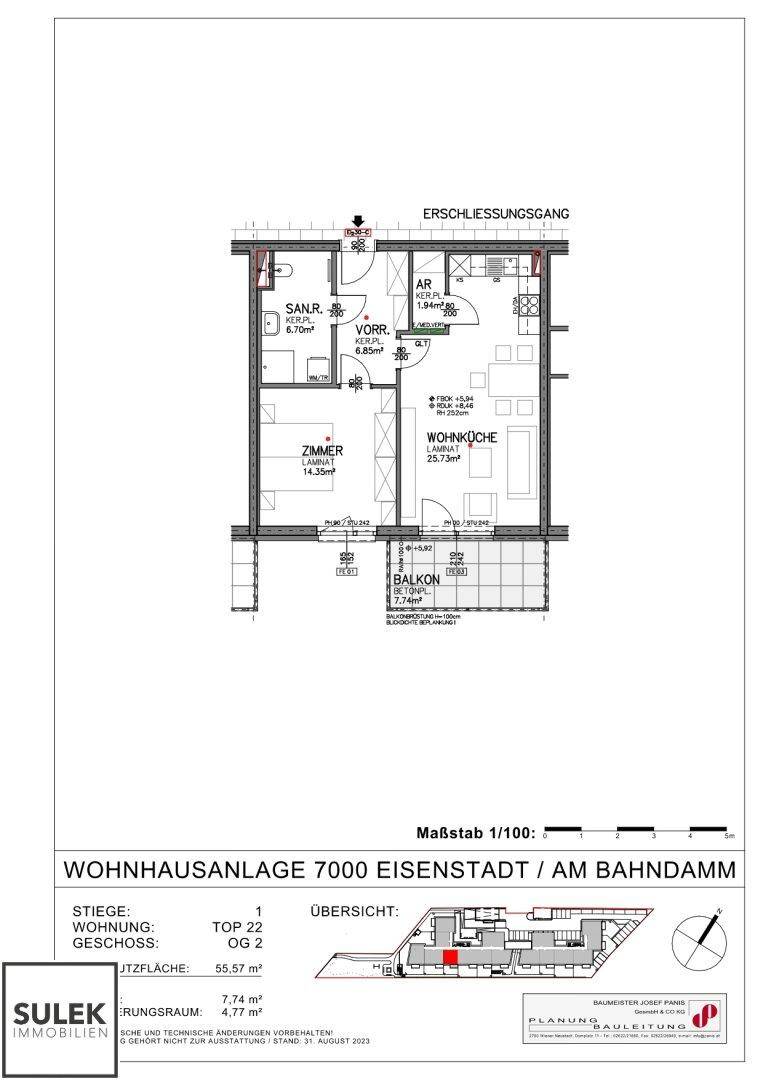 Grundriss einer Obergeschosswohnung mit zwei Schlafzimmern, Wohnküche und Balkon.