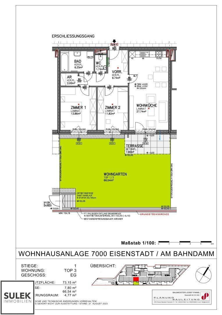 Grundriss einer Erdgeschosswohnung mit zwei Schlafzimmern, Wohnküche, Terrasse und Wohngarten.