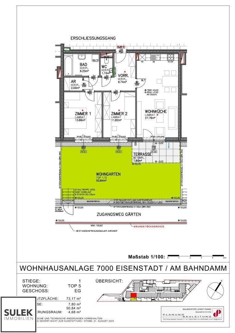 Grundriss einer Erdgeschosswohnung mit zwei Schlafzimmern, Wohnküche, Terrasse und Wohngarten.