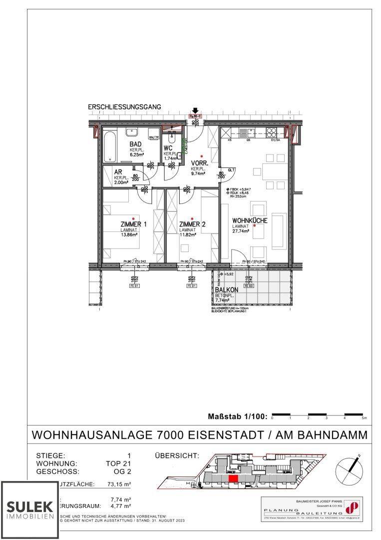 Grundriss einer Obergeschosswohnung mit einem Schlafzimmer, Wohnküche und Balkon.