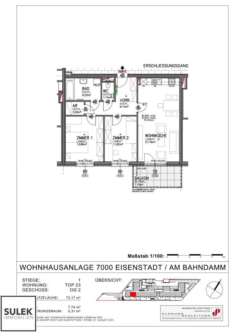Grundriss einer Wohnung mit zwei Zimmern, Wohnküche, Bad, WC und Balkon.