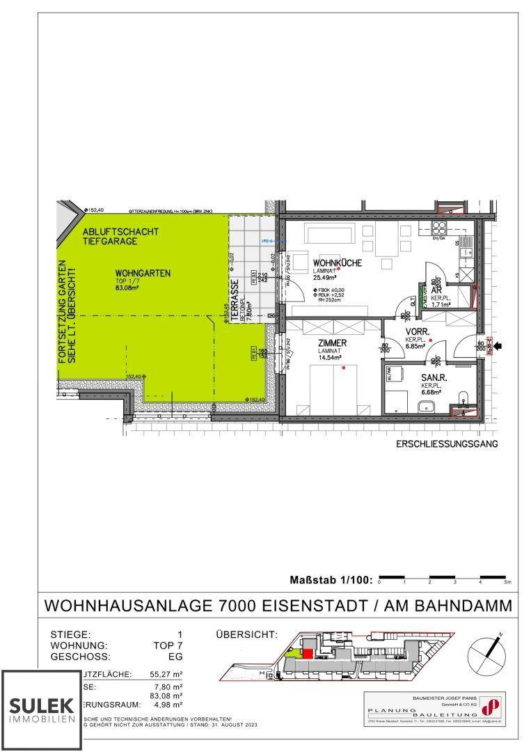 Grundriss einer Erdgeschosswohnung mit einem Schlafzimmer, Wohnküche, Terrasse und großem Wohngarten.