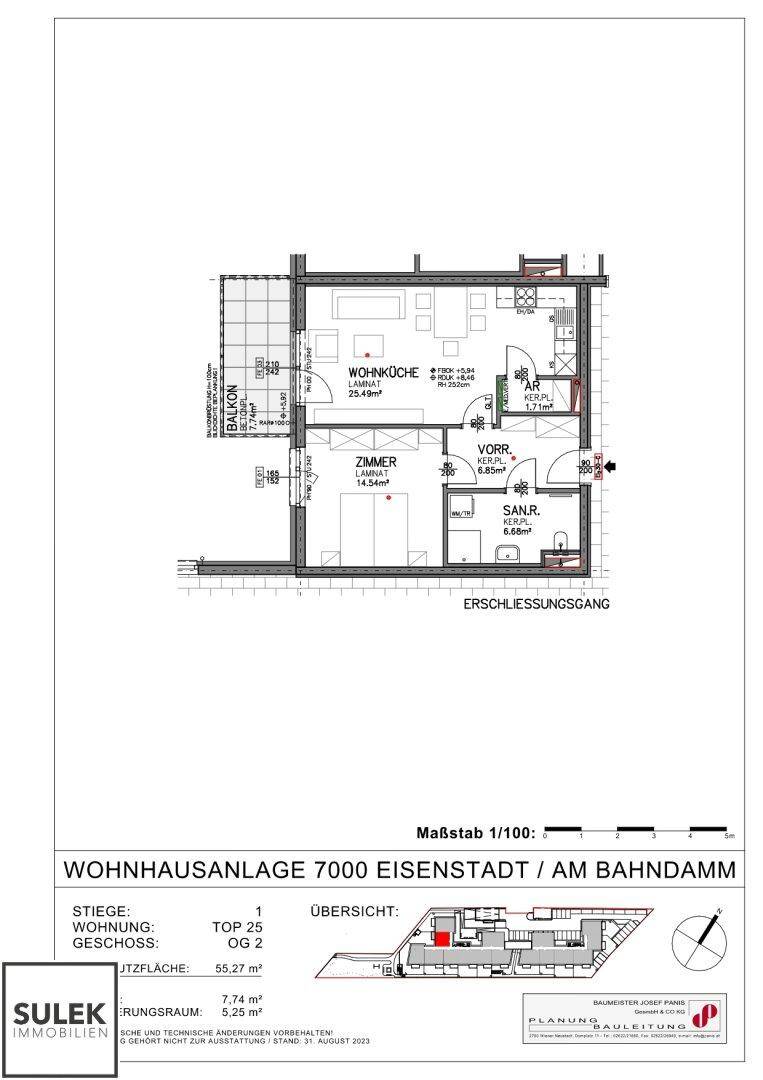 Grundriss einer Wohnung mit einem Zimmer, Wohnküche, Bad, WC und Balkon.