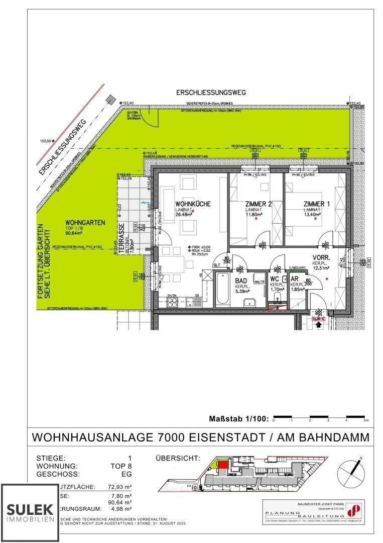 Grundriss einer Erdgeschosswohnung mit zwei Schlafzimmern, Wohnküche, Terrasse und Wohngarten.