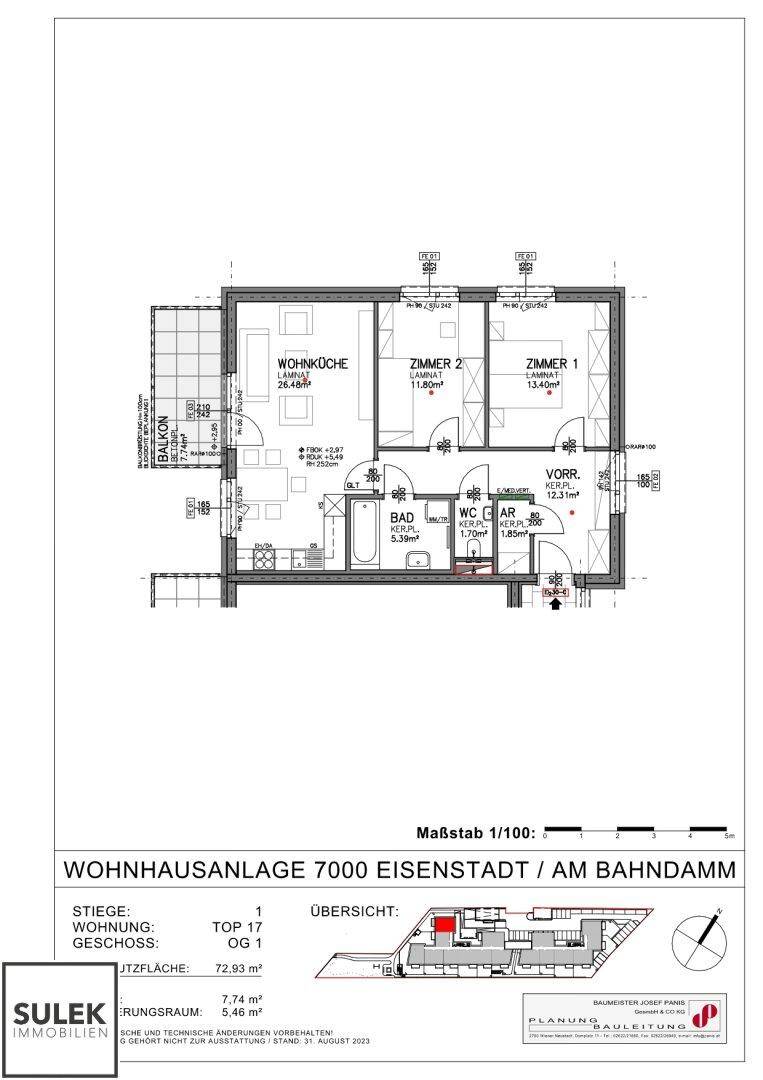 Grundriss einer Obergeschosswohnung mit zwei Schlafzimmern, Wohnküche und Balkon.