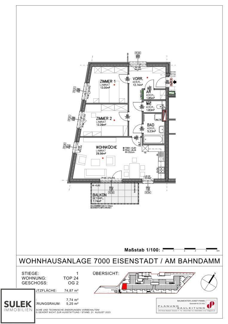 Grundriss einer Wohnung mit zwei Zimmern, Wohnküche, Bad, WC und Balkon.