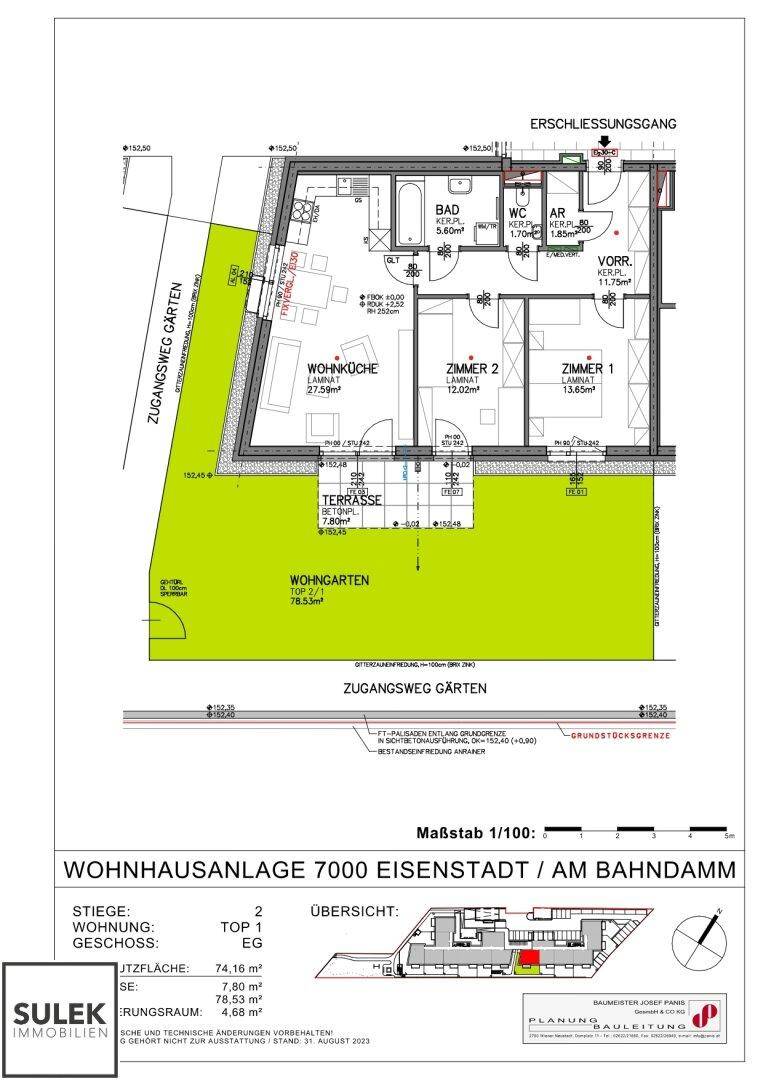 Grundriss einer Erdgeschosswohnung mit Terrasse, Garten, zwei Zimmern und Wohnküche.