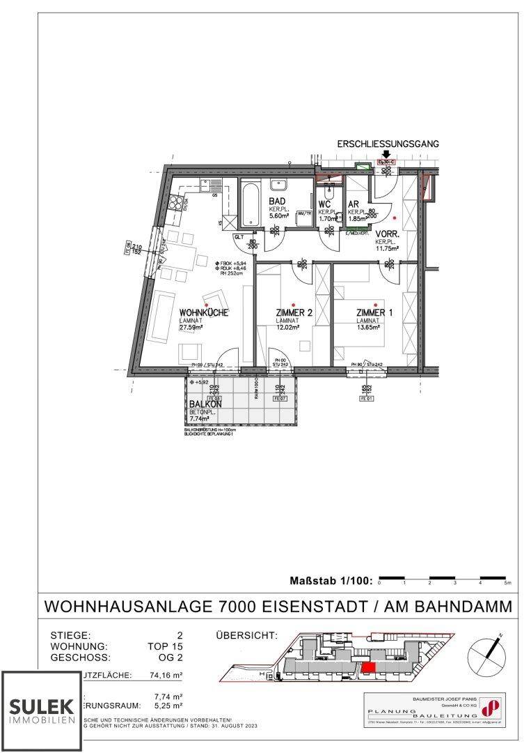 Grundriss einer Wohnung mit zwei Zimmern, Wohnküche, Bad, WC und Balkon.