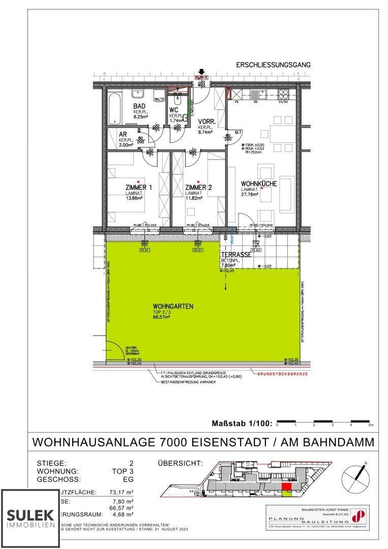 Grundriss einer Erdgeschosswohnung mit Terrasse, Garten, zwei Zimmern und Wohnküche.