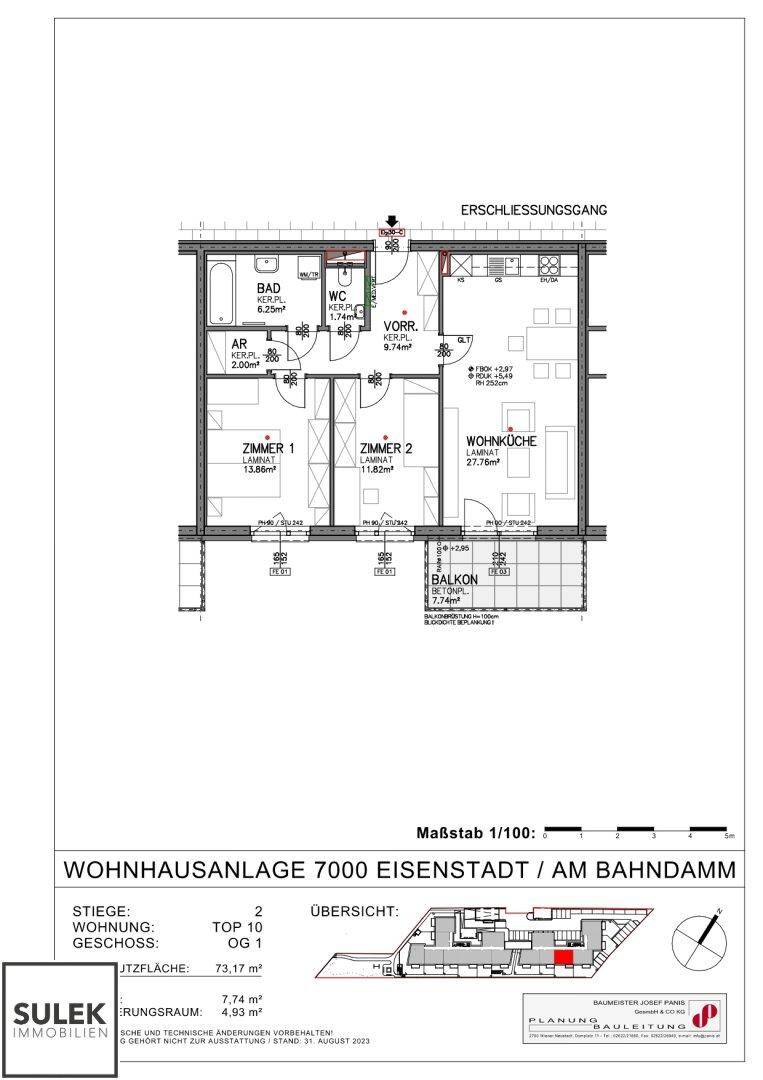 Grundriss einer Wohnung mit zwei Zimmern, Wohnküche, Bad, WC und Balkon.