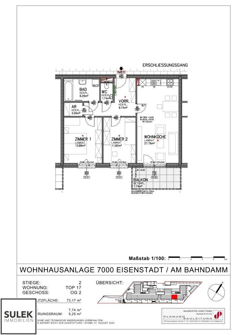 Grundriss einer Wohnung mit zwei Zimmern, Wohnküche, Bad, WC und Balkon.
