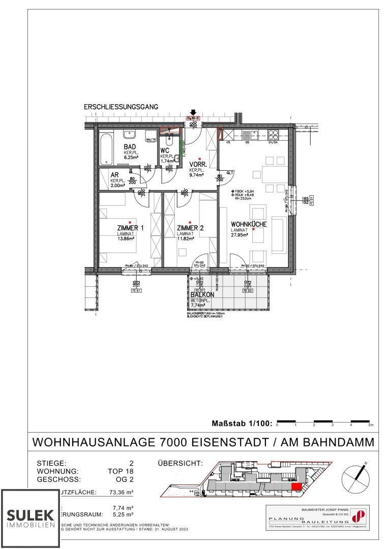 Grundriss einer Wohnung mit zwei Zimmern, Wohnküche, Bad, WC und Balkon.