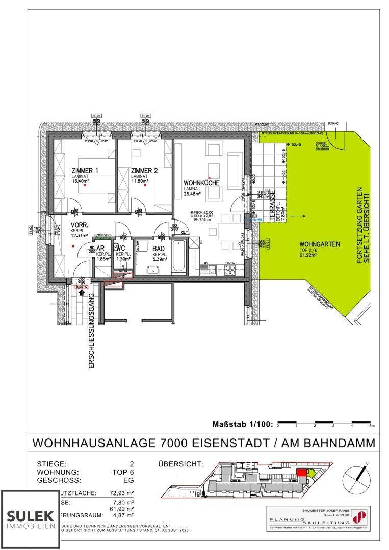 Grundriss einer Erdgeschosswohnung mit Terrasse, Garten, zwei Zimmern und Wohnküche.