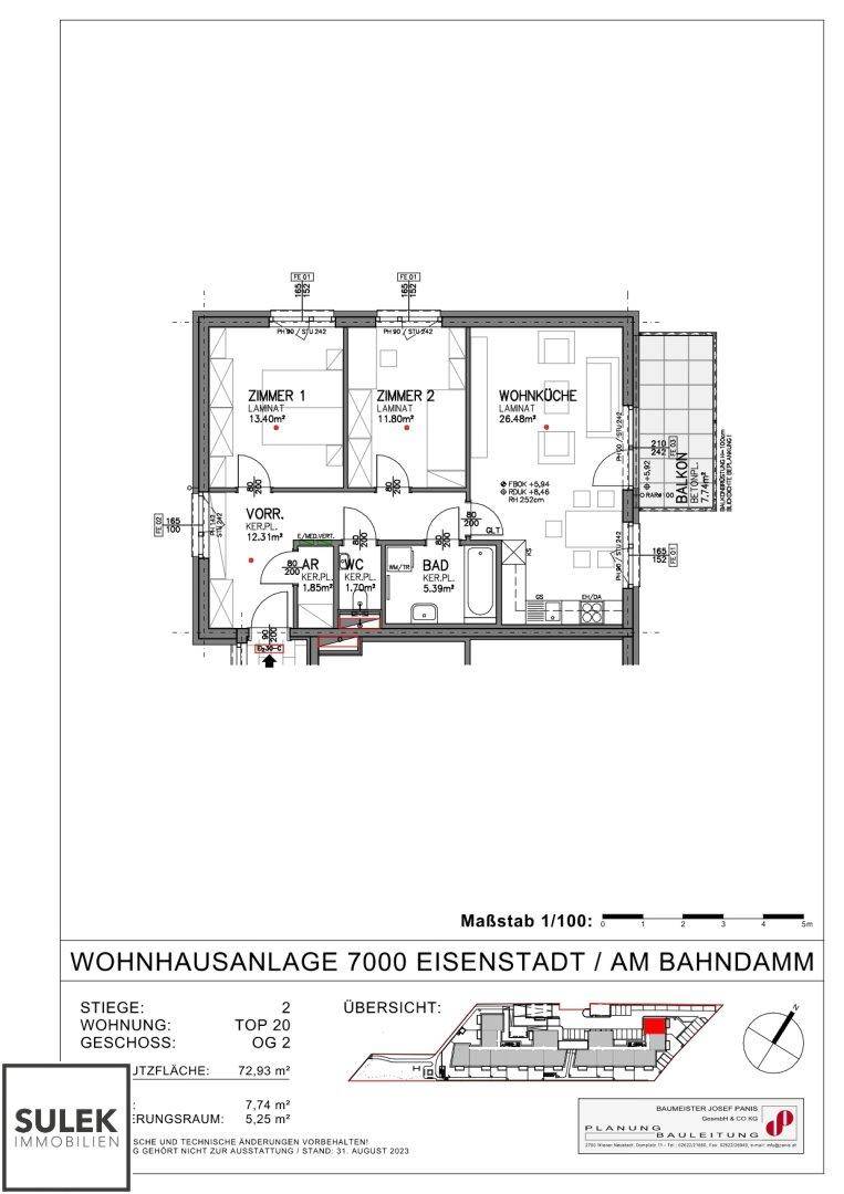 Grundriss einer Wohnung mit zwei Zimmern, Wohnküche, Bad, WC und Balkon.