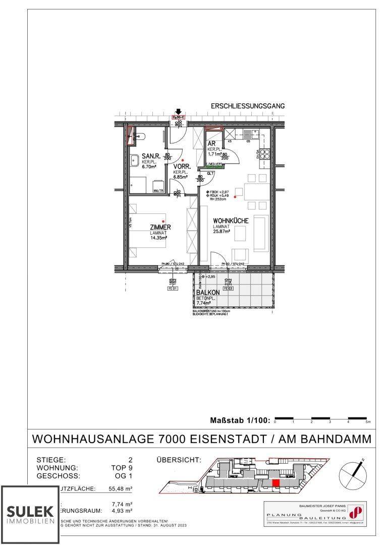 Grundriss einer Wohnung mit einem Zimmer, Wohnküche, Bad, WC und Balkon.