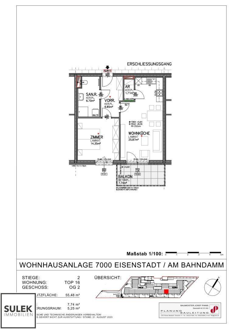 Grundriss einer Wohnung mit einem Zimmer, Wohnküche, Bad, WC und Balkon.