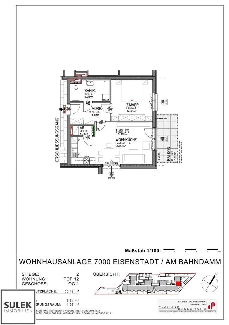 Grundriss einer Wohnung mit einem Zimmer, Wohnküche, Bad, WC und Balkon.