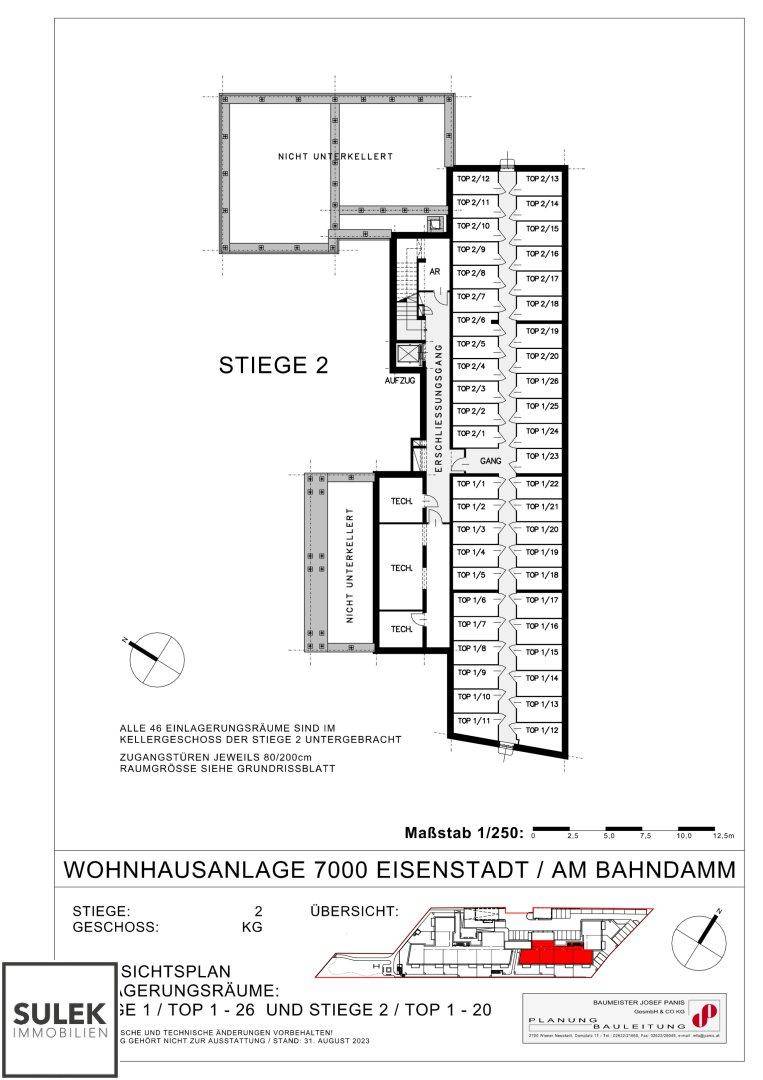 Übersichtsplan der Einlagerungsräume im Kellergeschoss mit Zugang zu den Stiegen.