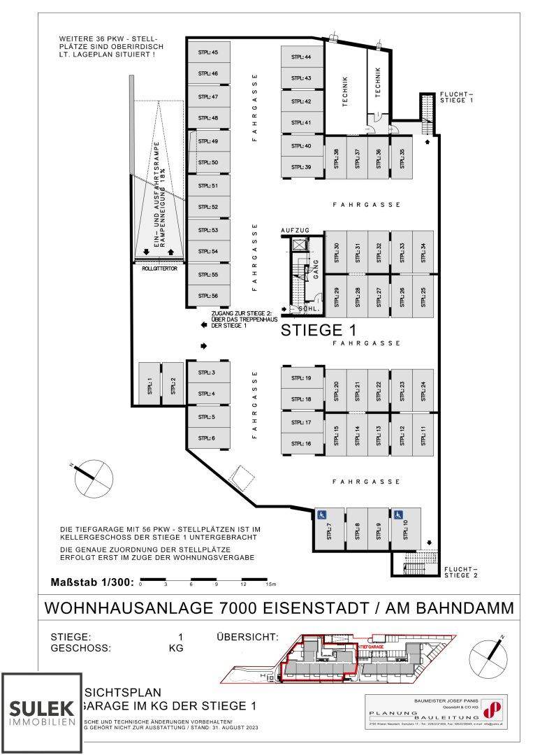 Grundriss der Tiefgarage mit zahlreichen PKW-Stellplätzen und Aufzug.