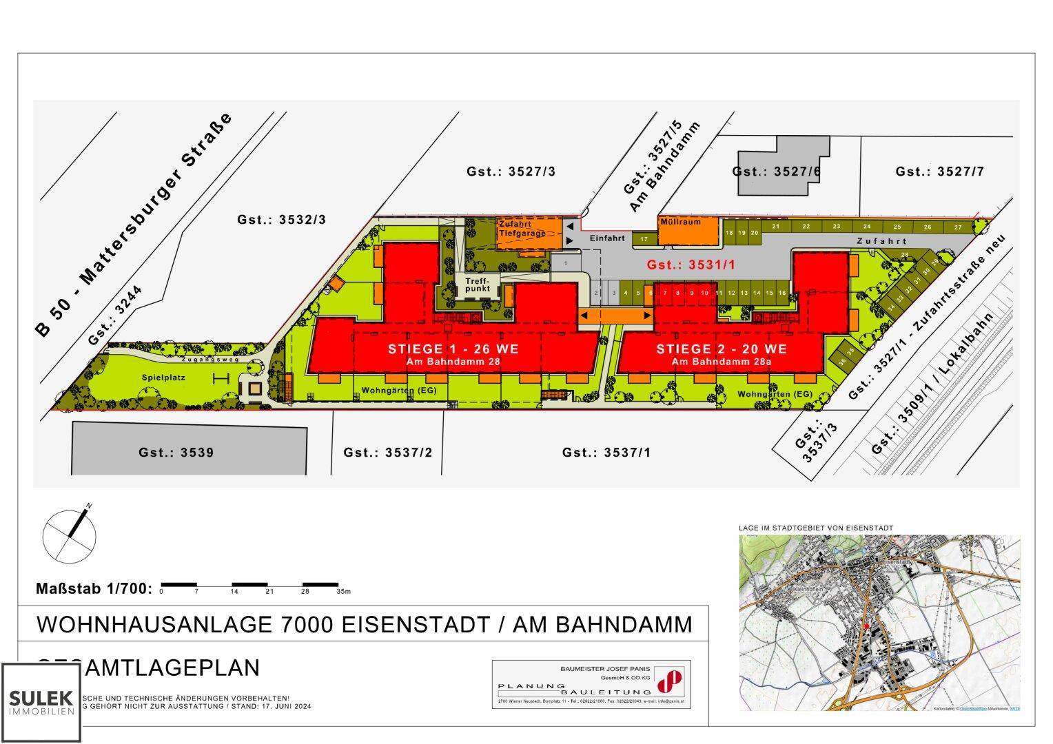 Amtlicher Lageplan einer Wohnhausanlage in Eisenstadt mit mehreren Gebäuden und Grünflächen.
