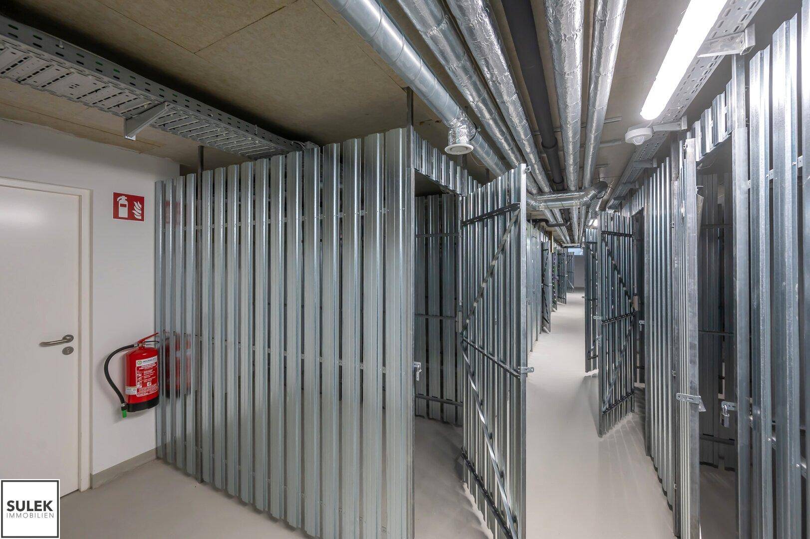 Kellerabteile mit Metallgittern und sichtbaren Installationen im Untergeschoss.
