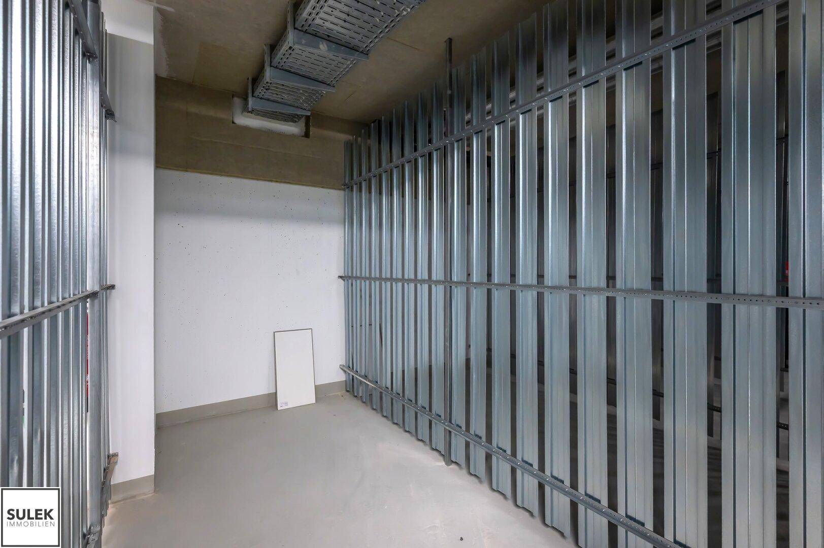 Kellerabteile mit Metallgittern und sichtbaren Installationen im Untergeschoss.