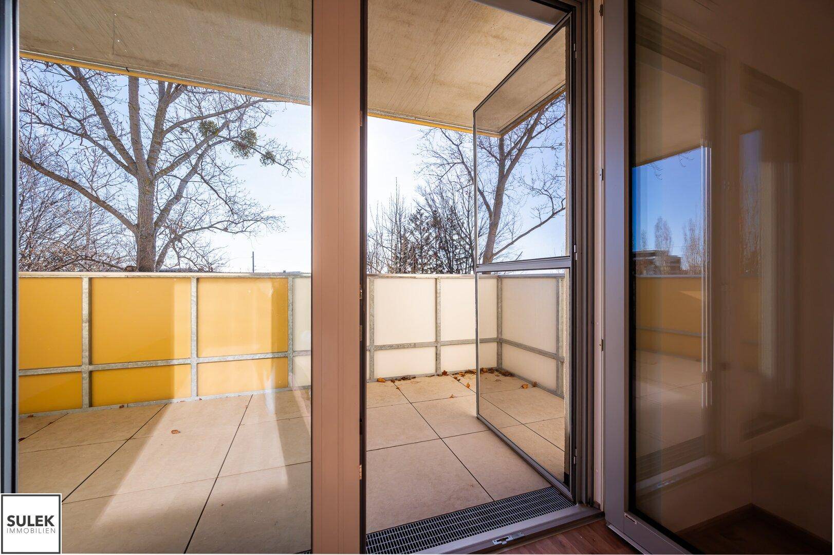 Zugang zum Balkon mit Fliesenboden und Blick auf die Umgebung.