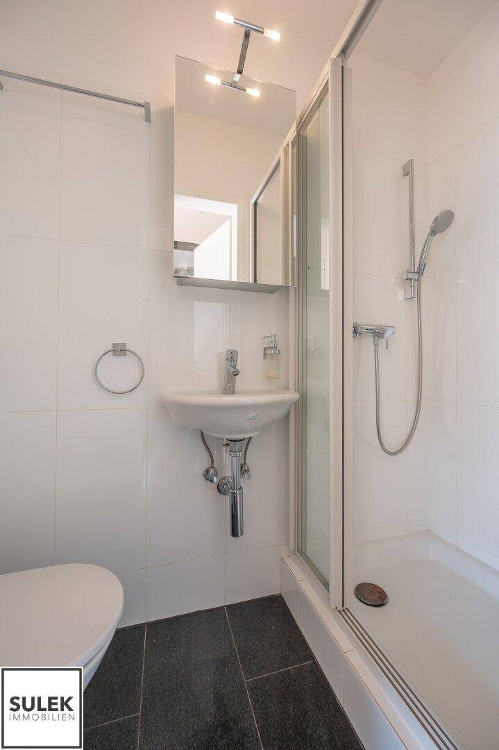 Kleines Badezimmer mit Dusche, WC und Waschbecken.