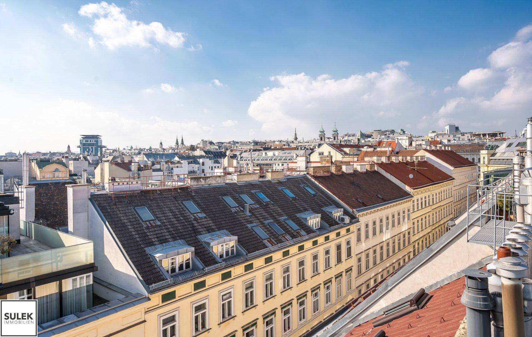 Panoramablick über die Dächer der Stadt an einem sonnigen Tag.