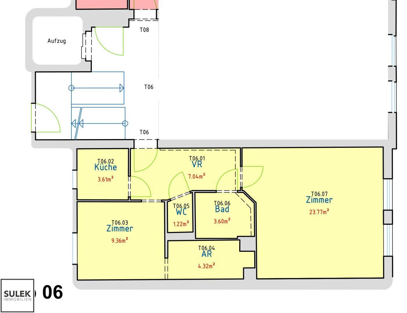 Grundriss der Wohnung 06 mit Küche, Bad, WC und zwei Zimmern.