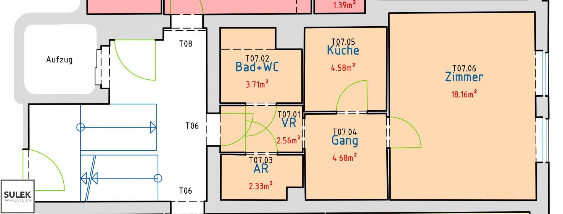 Grundriss der Wohnung 07 mit Küche, Bad+WC, Gang und zwei Zimmern.