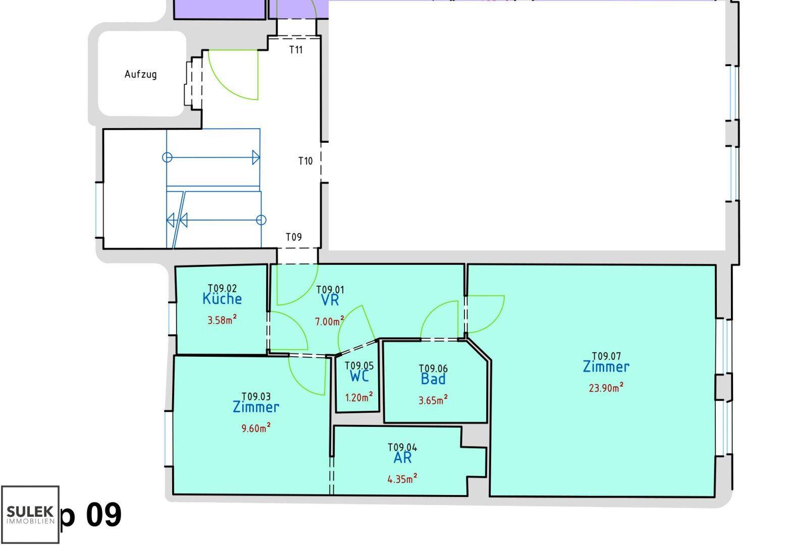 Grundriss der Wohnung 09 mit Küche, Bad, WC und zwei Zimmern.