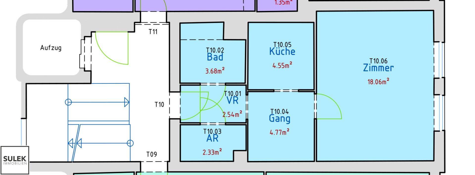 Grundriss der Wohnung 10 mit Küche, Bad, Gang und zwei Zimmern.