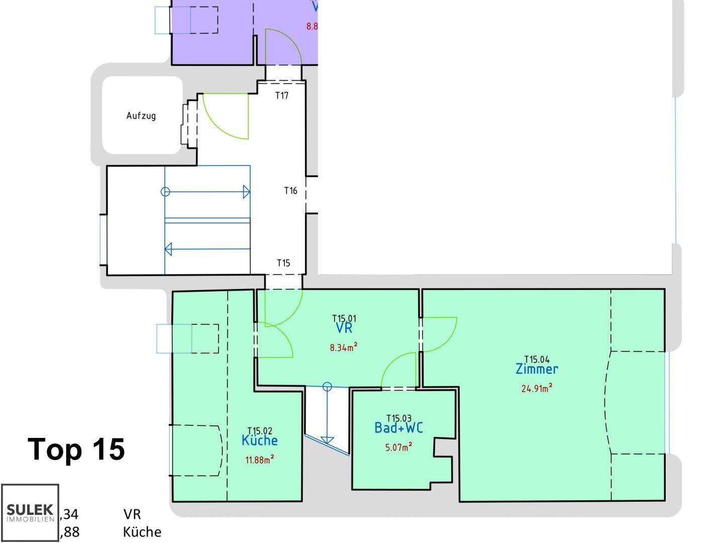 Grundriss der Wohnung 15 mit Küche, Bad+WC und zwei Zimmern.