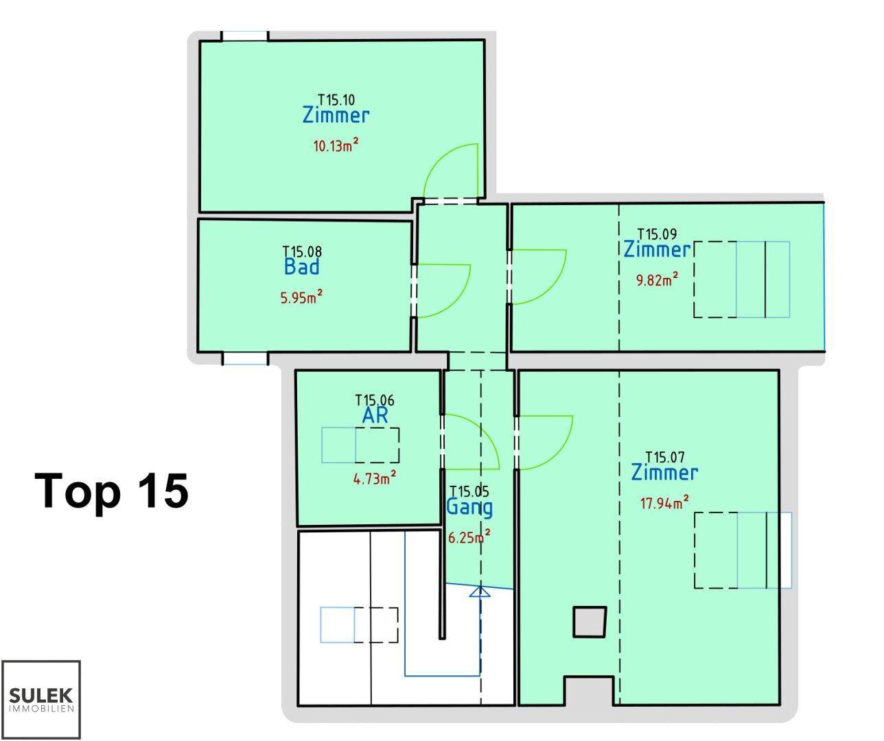 Grundriss der Wohnung 15 mit Bad, Gang und zwei Zimmern.
