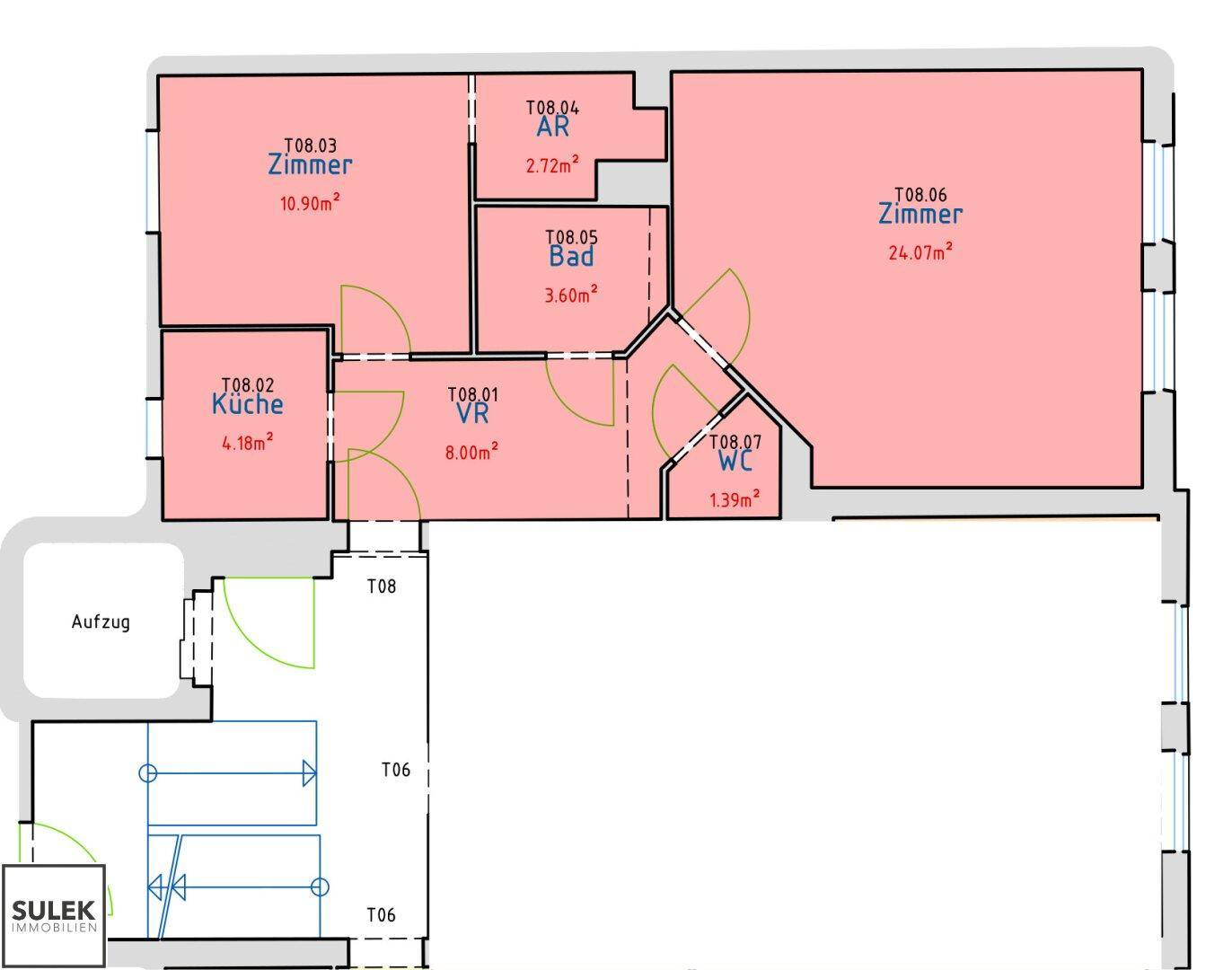 Grundriss der Wohnung mit Zimmern, Küche, Bad und WC.