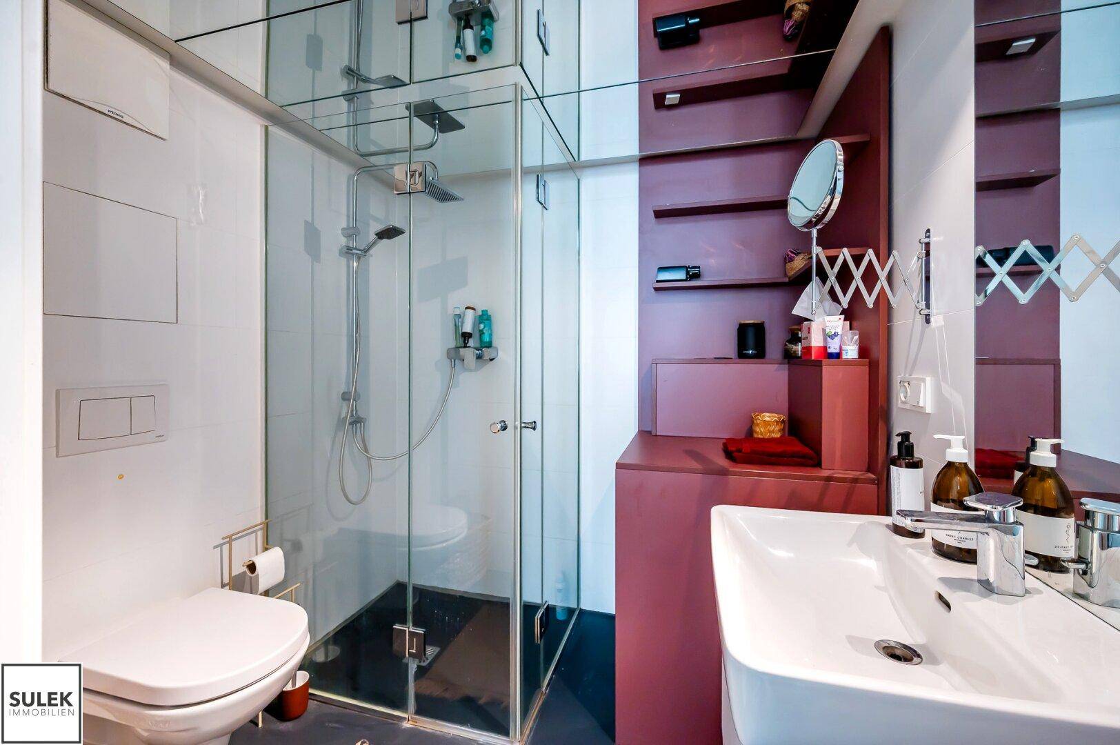 Modernes Badezimmer mit Duschkabine, WC und Waschtisch, ausgestattet mit praktischen Ablagen.