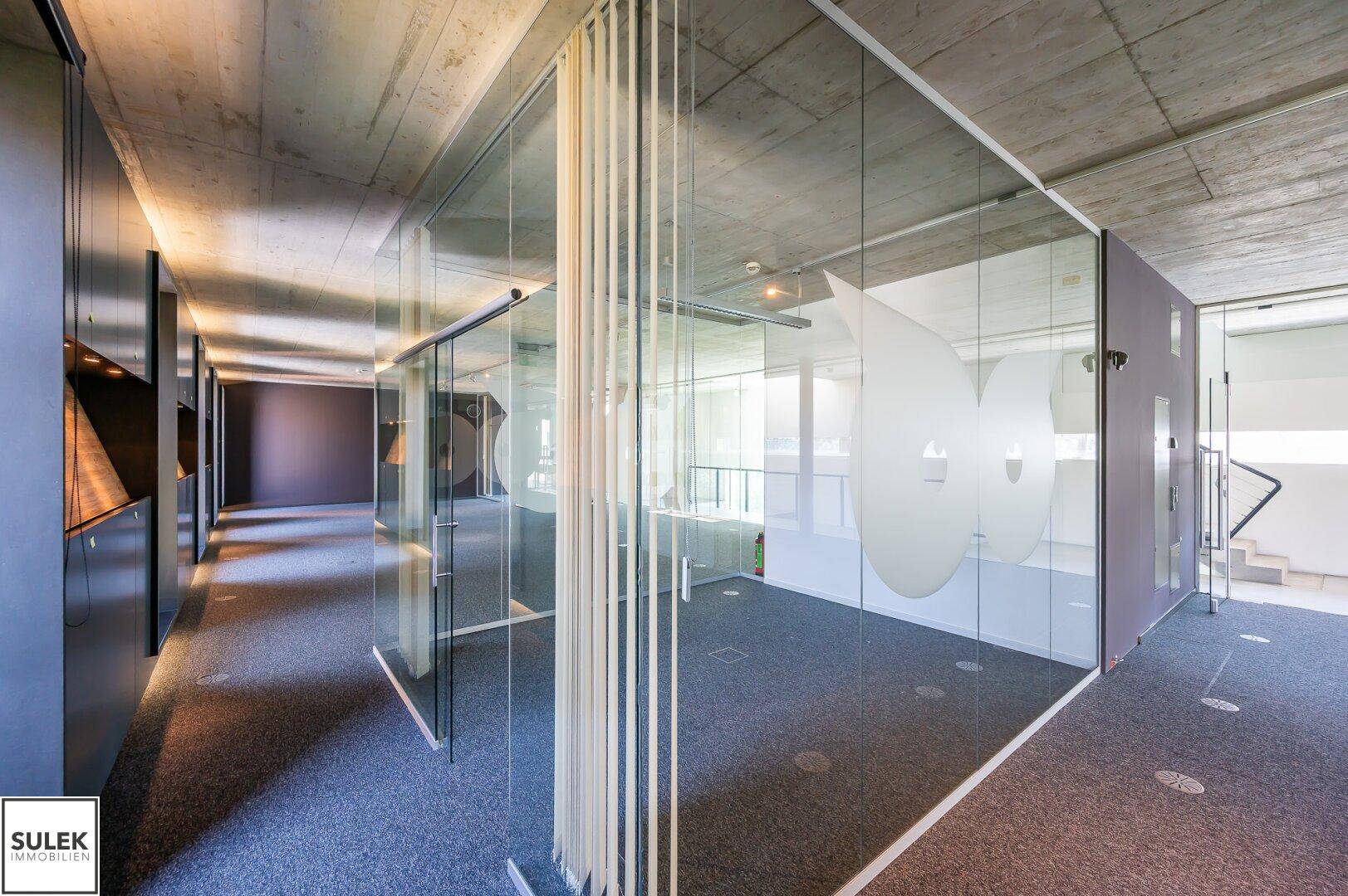 Moderner Bürobereich mit Glaswänden und Teppichboden, der eine offene und helle Arbeitsumgebung schafft.