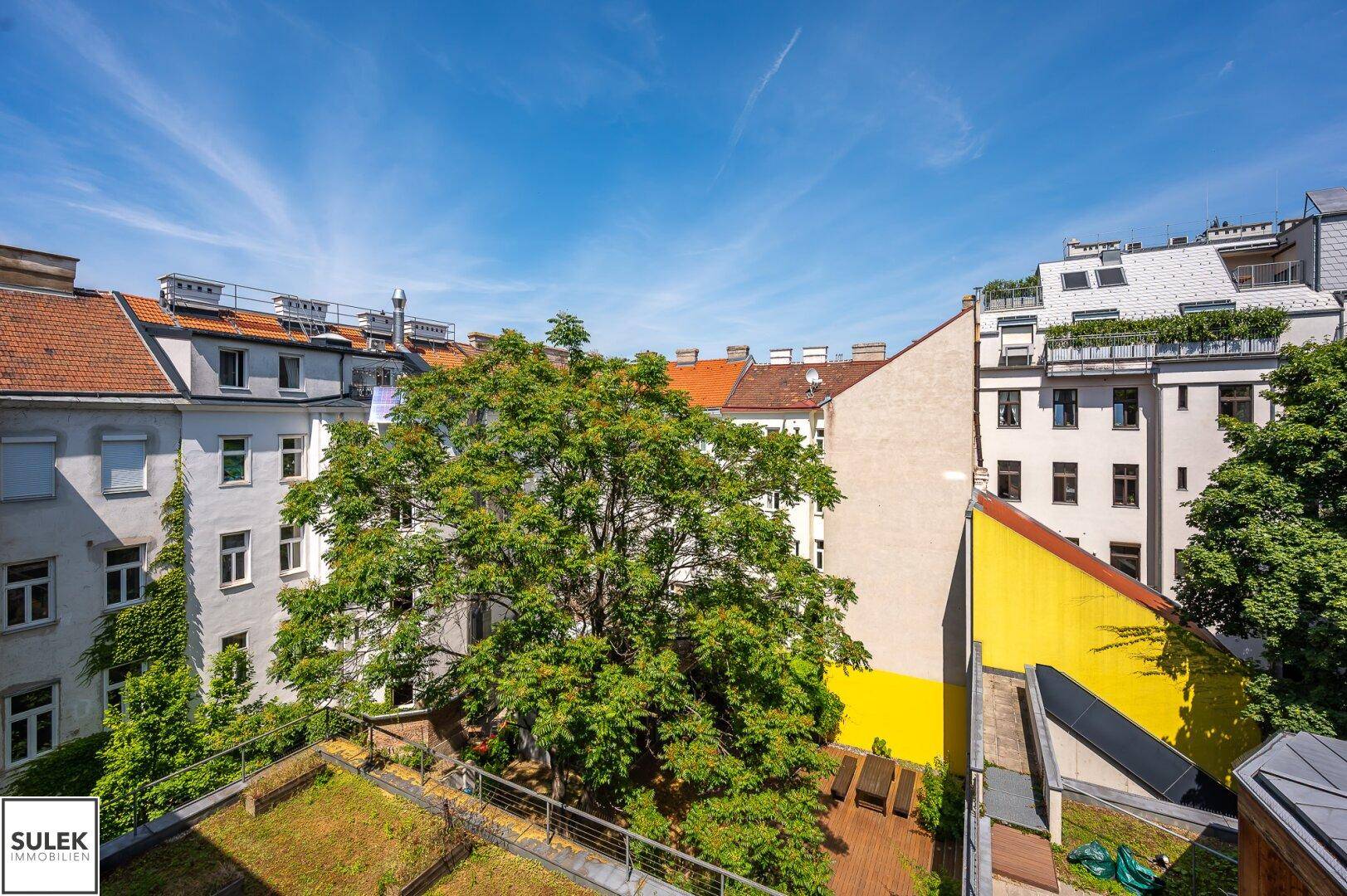 Dachterrasse mit Holzboden, Bäumen und Blick auf die umliegenden Gebäude und den blauen Himmel.