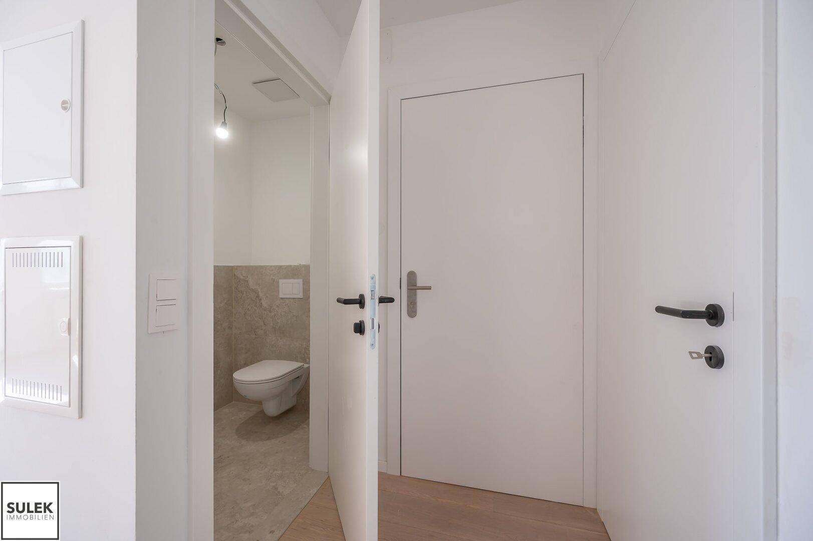 Heller Flur mit Holzboden, der zu einem separaten Gäste-WC führt, mit modernen Türen.