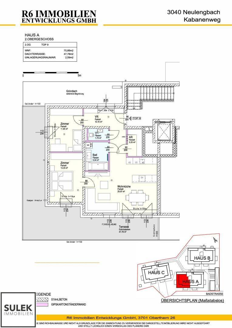 Detaillierter Grundriss der Wohnung im 2. Obergeschoss mit Terrasse und klarer Raumaufteilung.