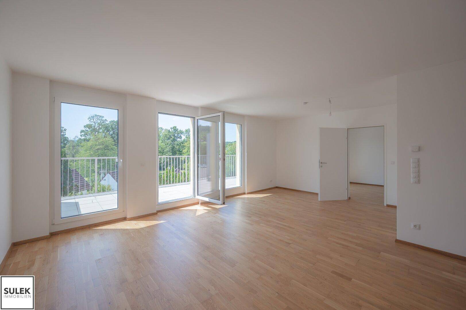 Heller, geräumiger Wohnbereich mit Parkettboden und Zugang zu einem Balkon, ideal für offenes Wohnen.