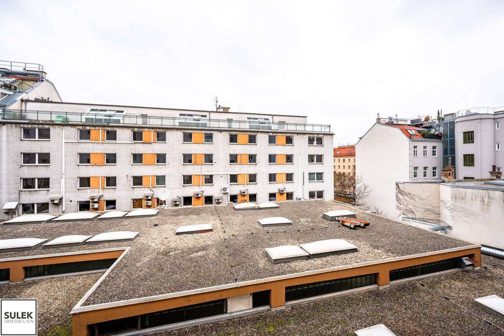 Blick über die Dächer der Stadt mit verschiedenen Gebäuden und einem grauen Himmel.