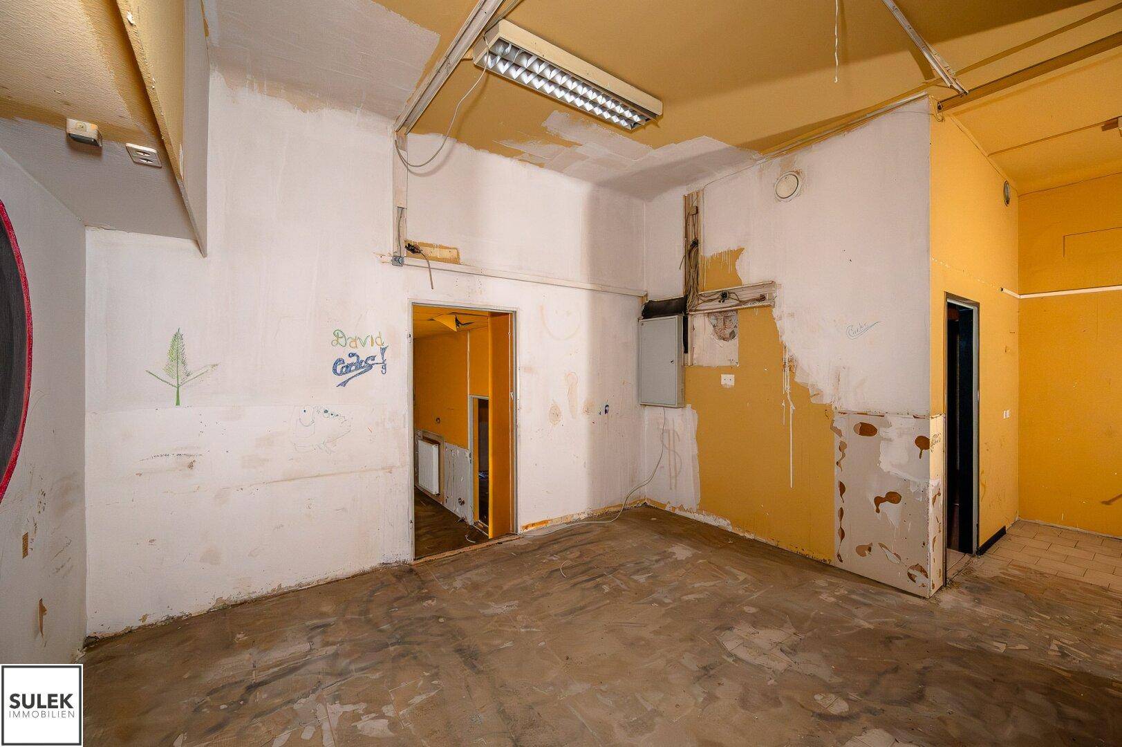 Renovierungsbedürftiger Raum mit teilweise freigelegten Wänden und sichtbaren Spuren von Vandalismus.