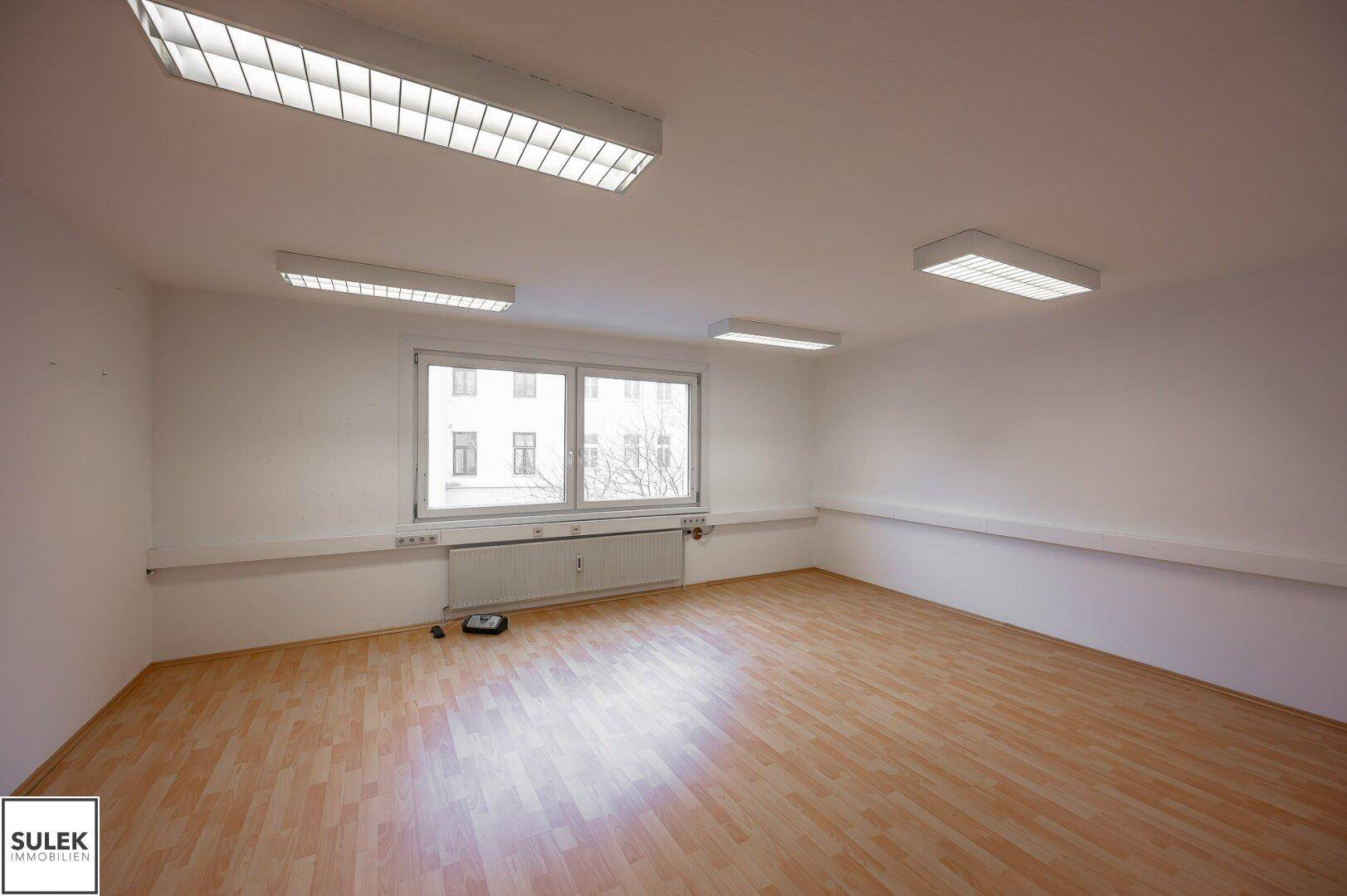 Geräumiger Raum mit Holzfußboden und einem großen Fenster, das viel Tageslicht bietet.